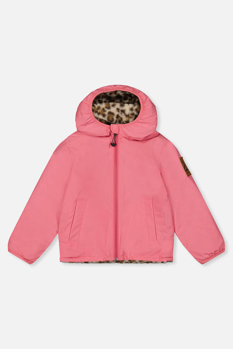 Pink side of the reversible jacket laid flat, front view