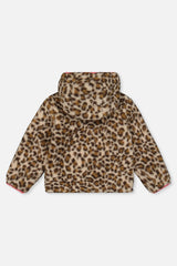 Back view of the leopard sherpa side of the reversible jacket laid flat