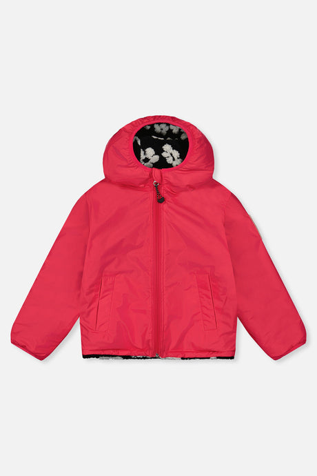 Pink coated side of the reversible jacket, front view laid flat