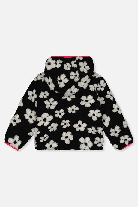 Black sherpa side with white flowers, back view with the hood laid flat