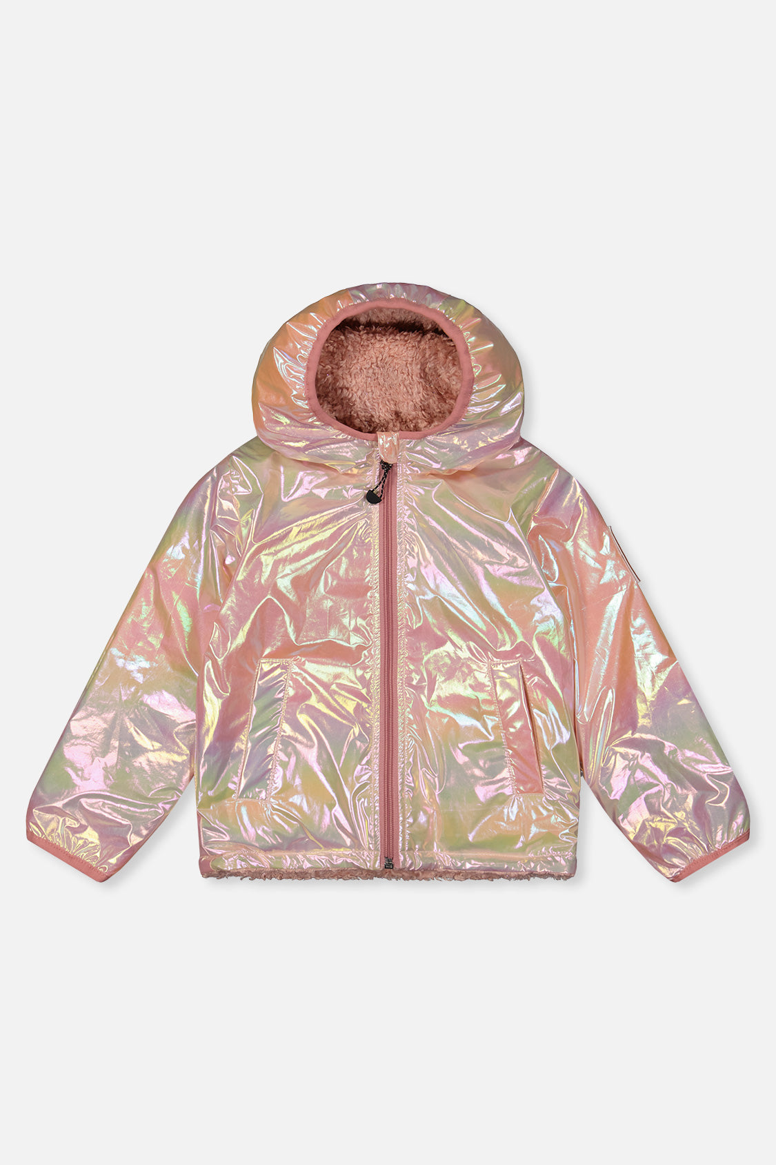 Iridescent pink pongee side of the reversible jacket, front view laid flat