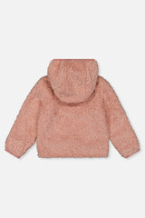 Dusty pink sherpa side of the reversible jacket, back view with the hood