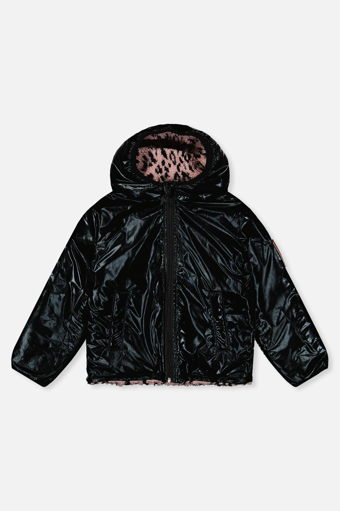 Glossy black side of the reversible jacket laid flat, front view