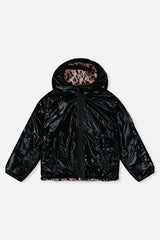 Glossy black side of the reversible jacket laid flat, front view