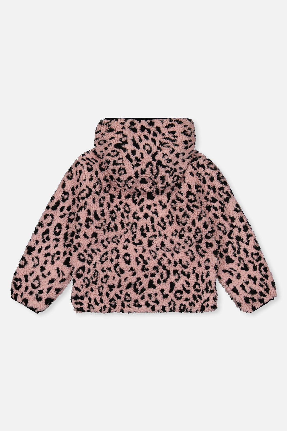 Back view of the pink sherpa side with black leopard-style spots, reversible jacket laid flat