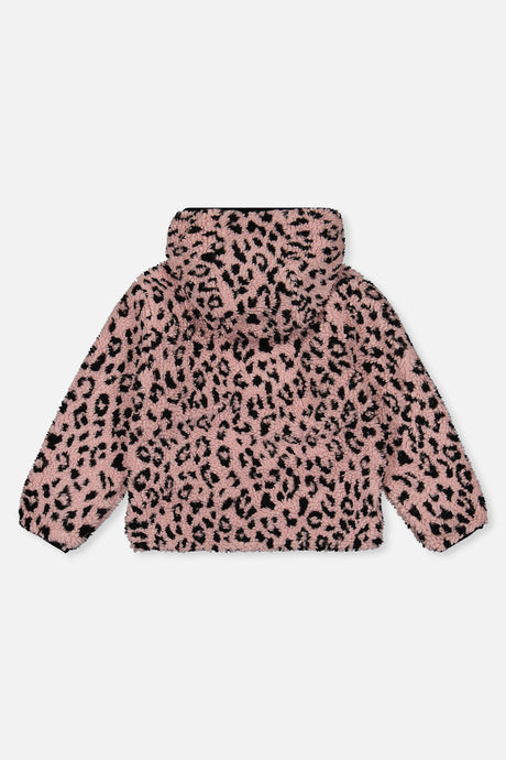 Back view of the pink sherpa side with black leopard-style spots, reversible jacket laid flat