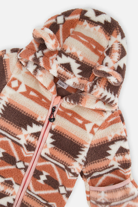 Deux par Deux baby girl mid-season plush one-piece outerwear in Aztec pink, view 6