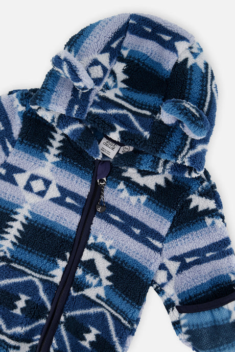Deux par Deux baby boy mid-season plush one-piece outerwear in Aztec blue, view 6