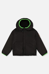 Black coated side of the reversible jacket, front view laid flat