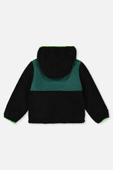 Black and dark green sherpa side of the reversible jacket, back view with the hood