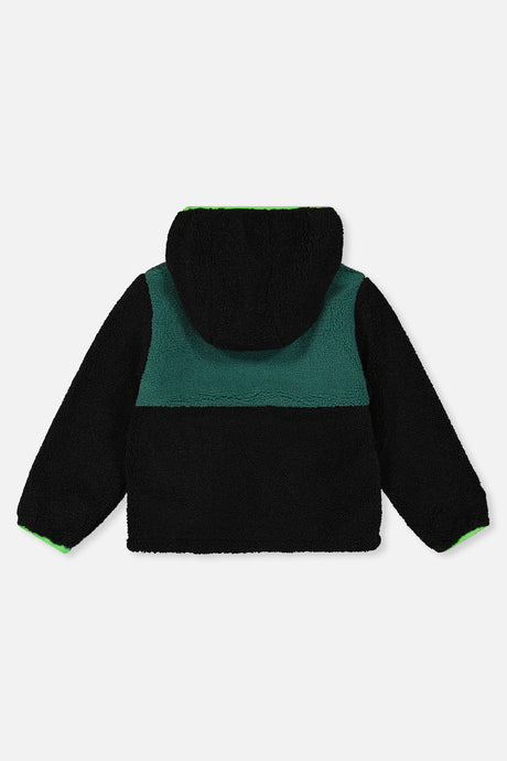Black and dark green sherpa side of the reversible jacket, back view with the hood