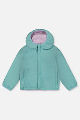 Deux par Deux girls reversible jacket, teal coated side laid flat, front view