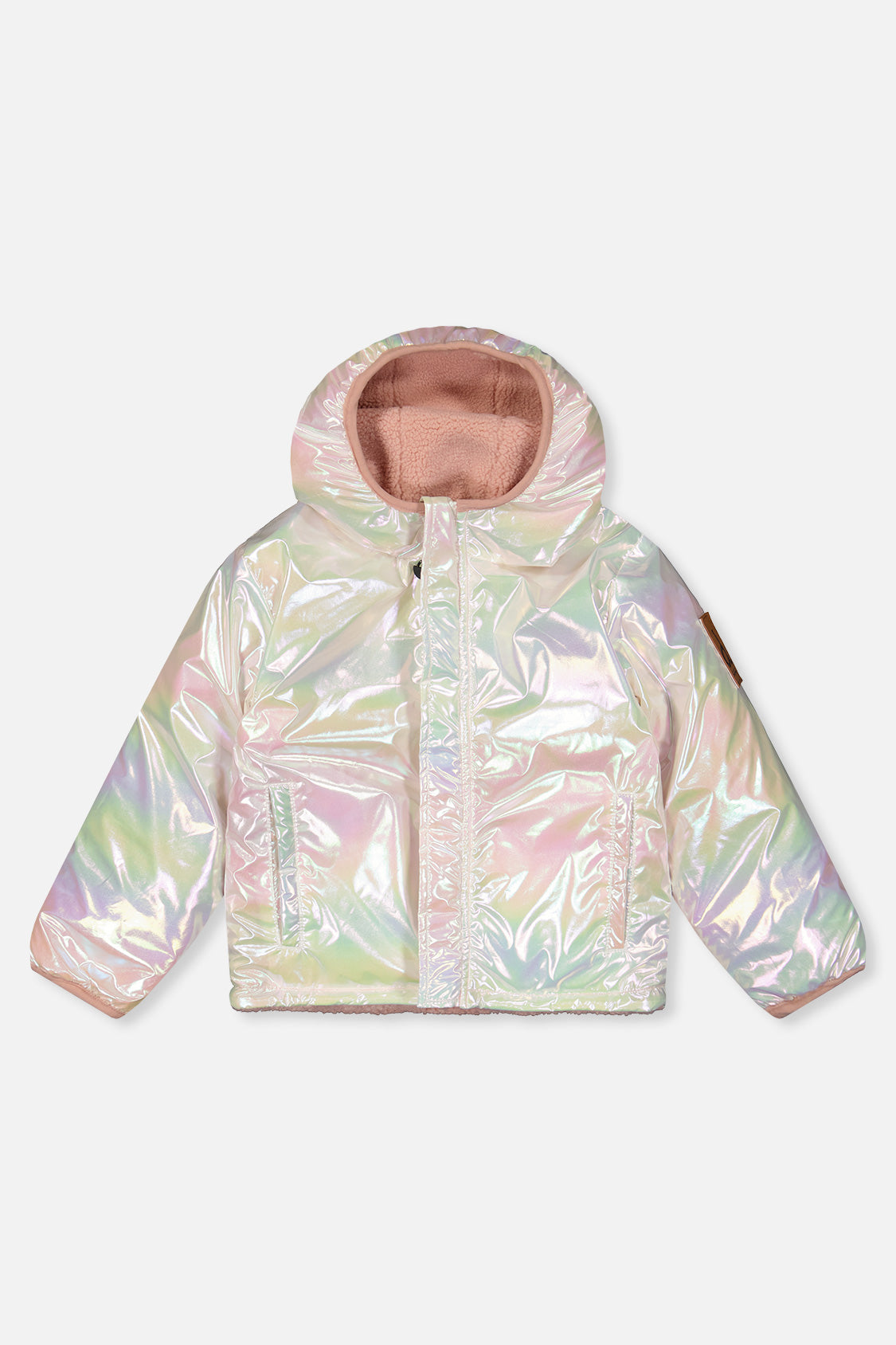 Pearly white iridescent coated side of the reversible jacket, front view laid flat