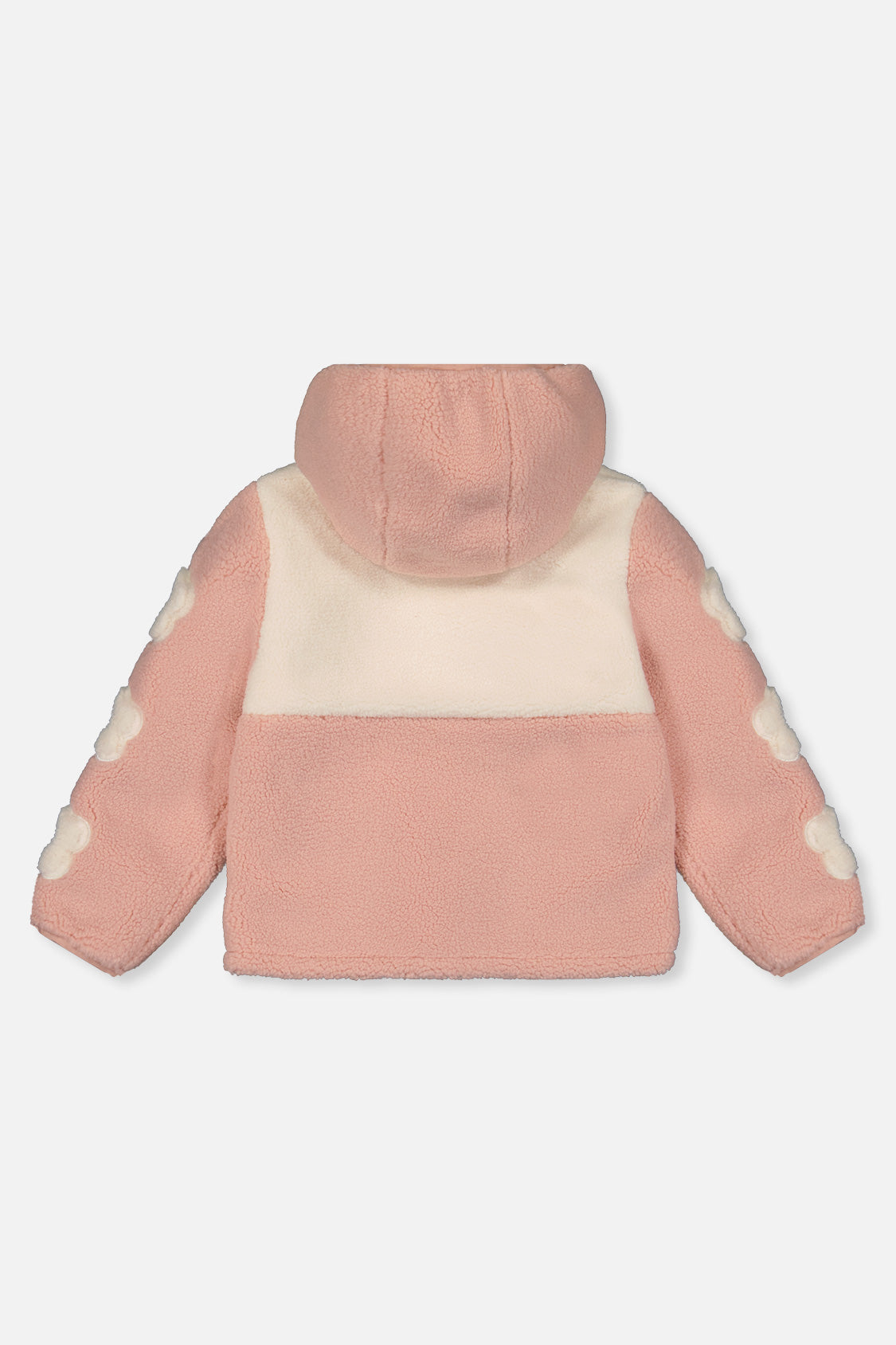 Pink and cream sherpa side of the reversible jacket, back view with the hood