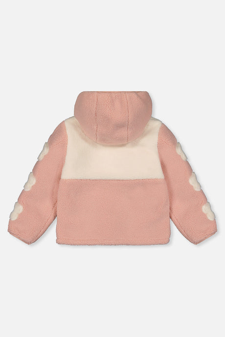 Pink and cream sherpa side of the reversible jacket, back view with the hood