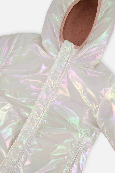 Close-up of the iridescent coated side, zipper and hood