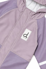 Close-up of the two-tone mauve front, zipper placket and d logo patch