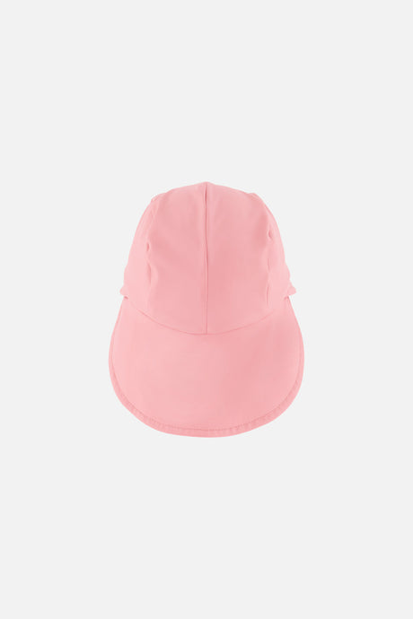 Pink baby rain bucket hat, back view with neck flap