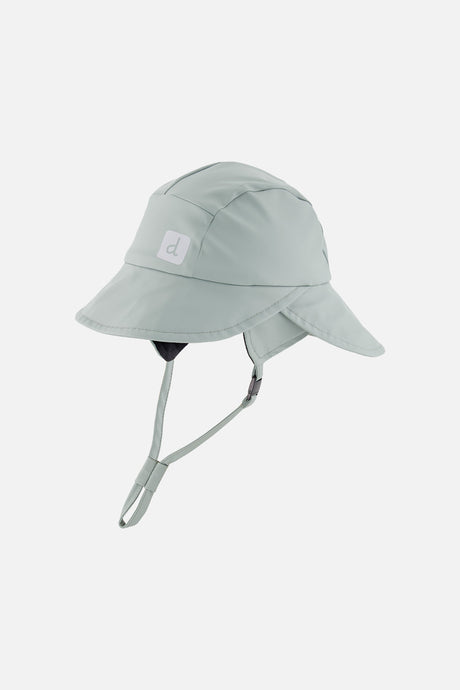 Sage green Deux par Deux kids' rain hat with wide brim, ear and neck flaps and chin strap, three-quarter view