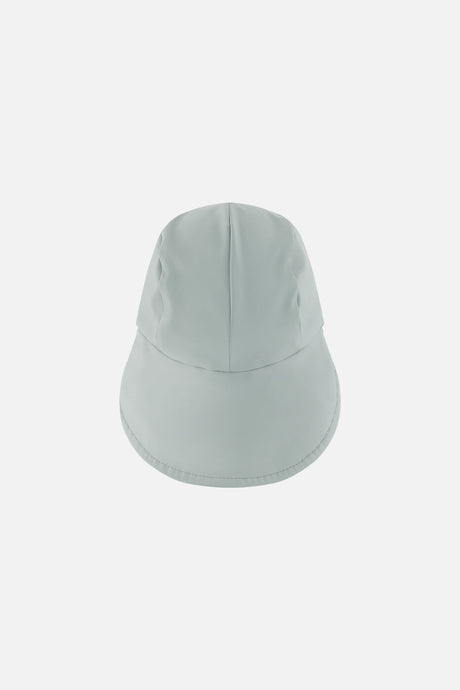Sage green baby rain bucket hat, back view with neck flap