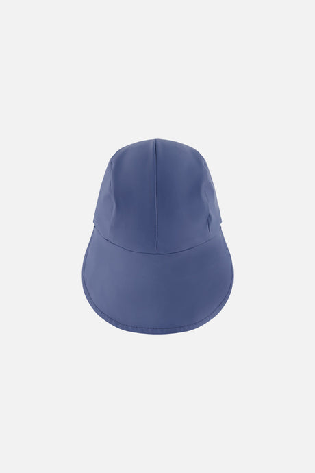 Dark blue kids' rain bucket hat, back view with neck flap