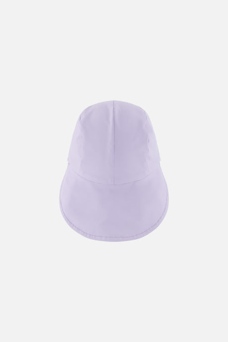Mauve kids' rain bucket hat, back view with neck flap
