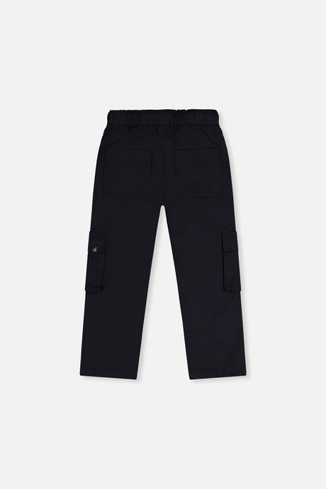 Deux par Deux boys' twill pants with cargo pockets in dark blue, back view