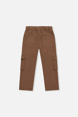 Deux par Deux boys' twill pants with cargo pockets in neutral brown, back view
