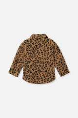Back view of the leopard print sherpa overshirt laid flat