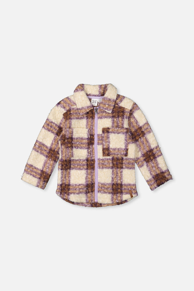 Zipped Sherpa Overshirt With Chest Pockets Beige And Mauve Plaid-0