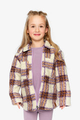 Zipped Sherpa Overshirt With Chest Pockets Beige And Mauve Plaid-1