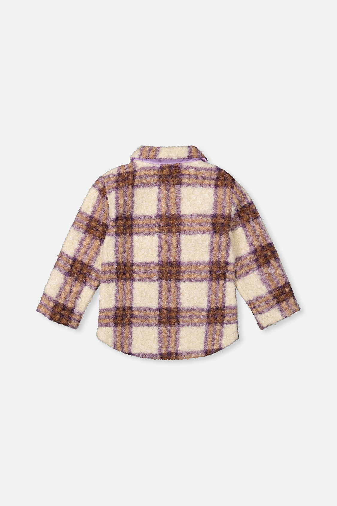 Back view of the beige and mauve plaid sherpa overshirt laid flat