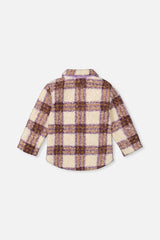 Back view of the beige and mauve plaid sherpa overshirt laid flat