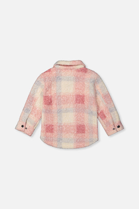 Deux par Deux pink and cream plaid sherpa overshirt with button cuffs, flat lay back view