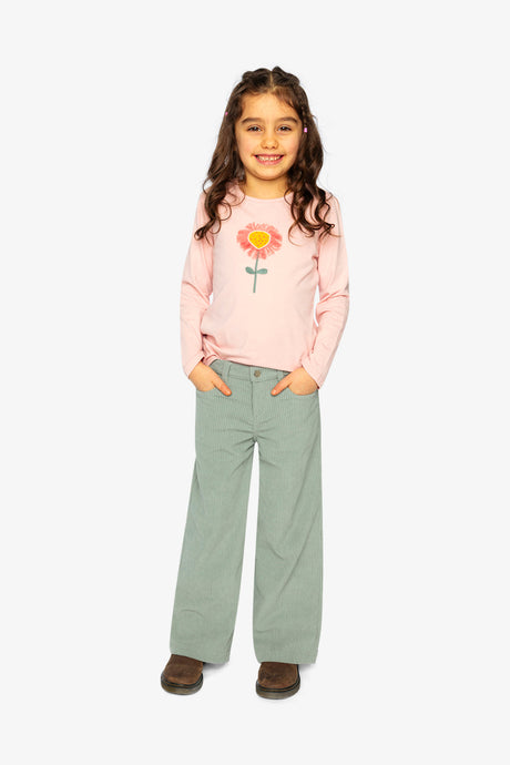 Child wearing the Stretch Corduroy Wide Leg Pants Pale Turquoise in a full-length outfit
