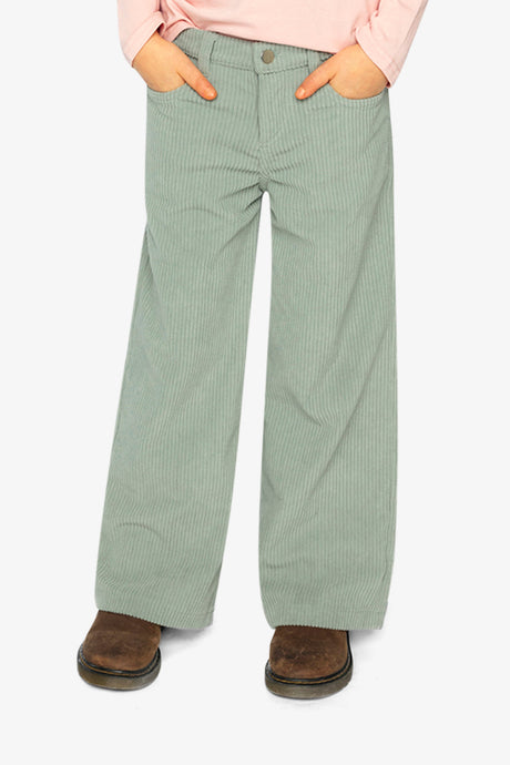 Child wearing the Stretch Corduroy Wide Leg Pants Pale Turquoise, front view