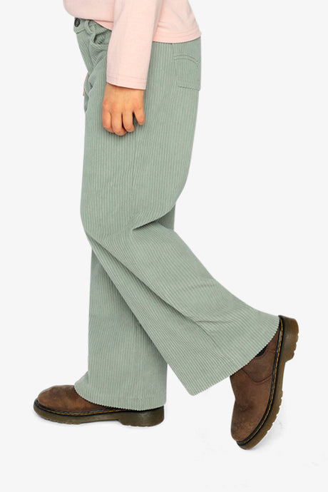 Child wearing the Stretch Corduroy Wide Leg Pants Pale Turquoise, side view