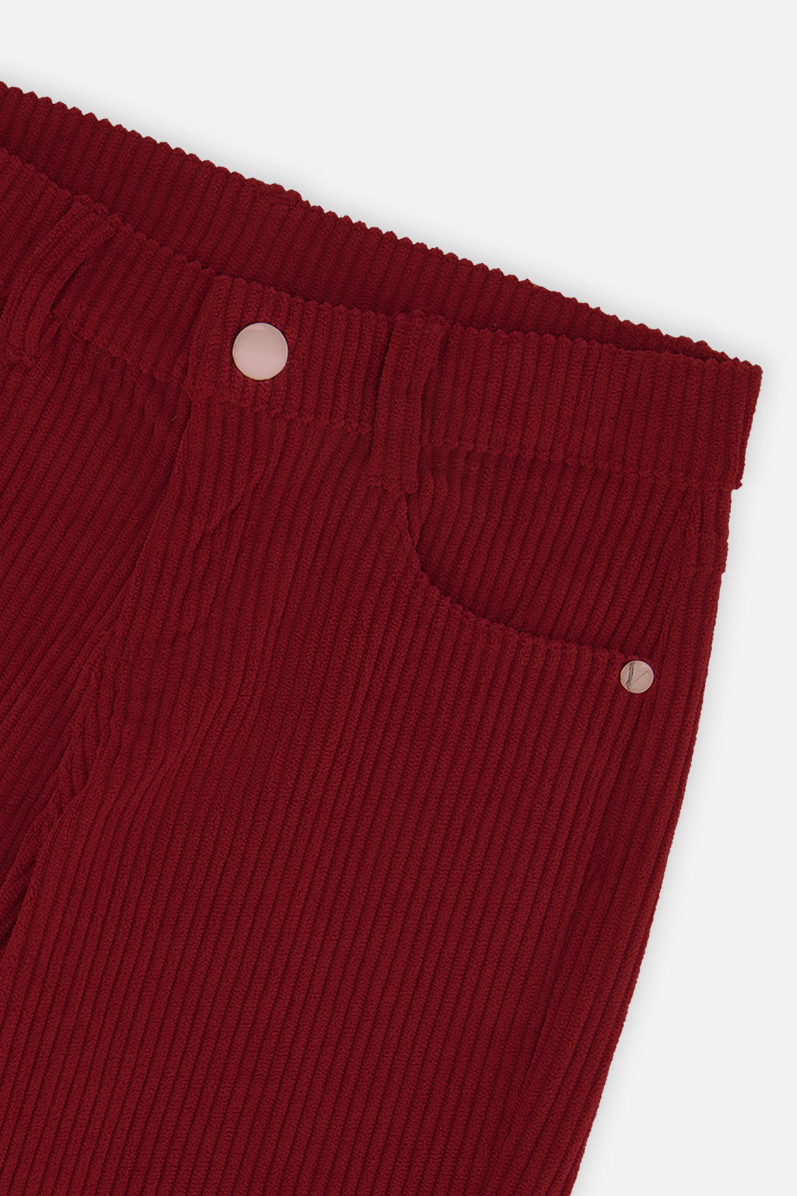 Close-up of the Stretch Corduroy Wide Leg Pants Reddish-Brown corduroy, pocket and button