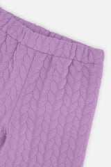 Close-up of the Wide Leg Jacquard Pants Purple quilted fabric and elastic waist