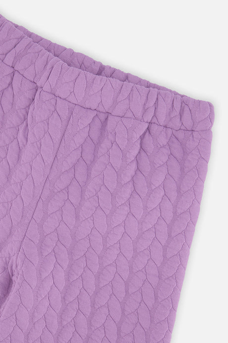 Close-up of the Wide Leg Jacquard Pants Purple quilted fabric and elastic waist