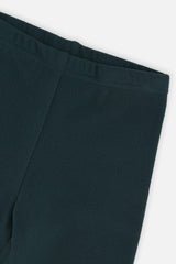 Close-up of the rib texture and waistband on jasper green leggings