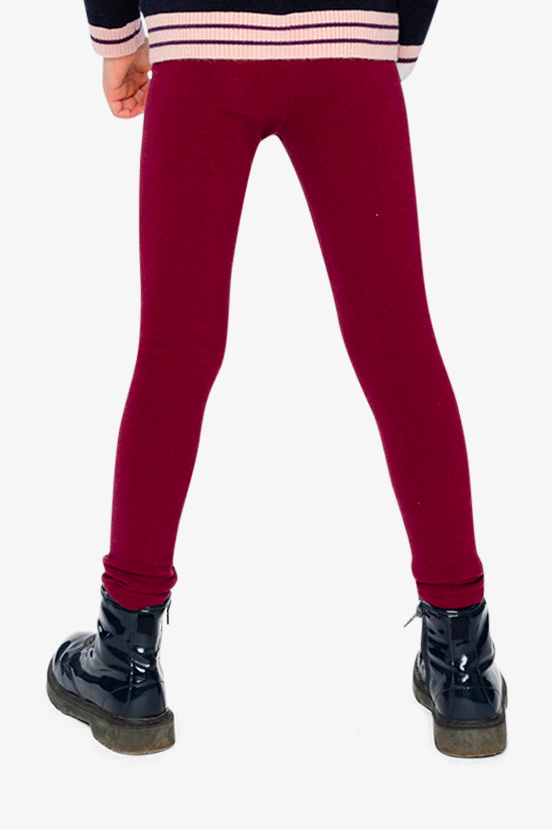 Child wearing the Deux par Deux burgundy rib leggings, back view