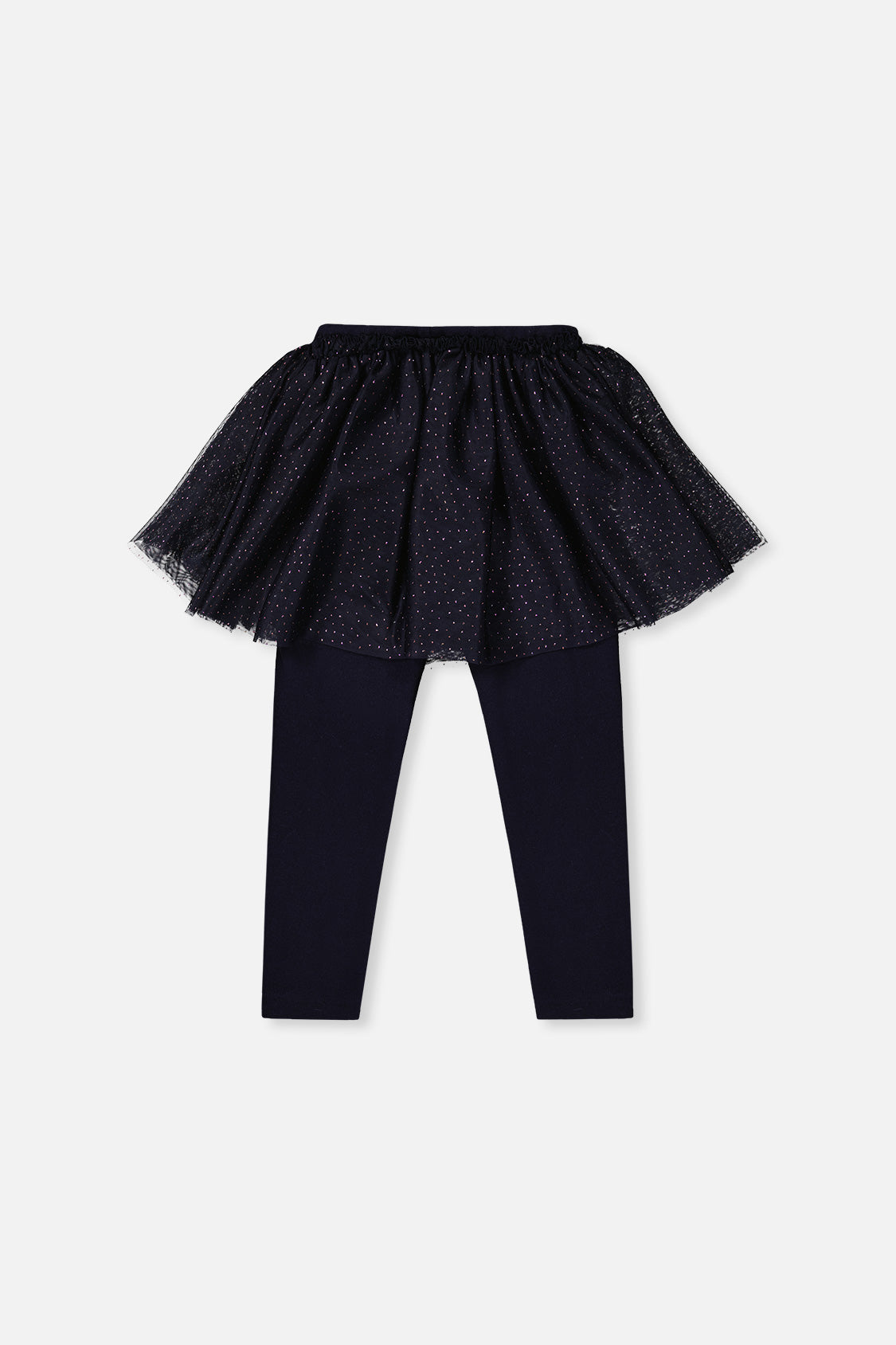 Deux par Deux girls navy leggings with an attached dotted tulle skirt, back view laid flat