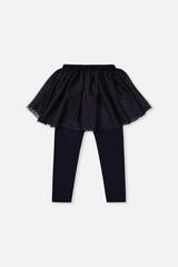 Deux par Deux girls navy leggings with an attached dotted tulle skirt, back view laid flat