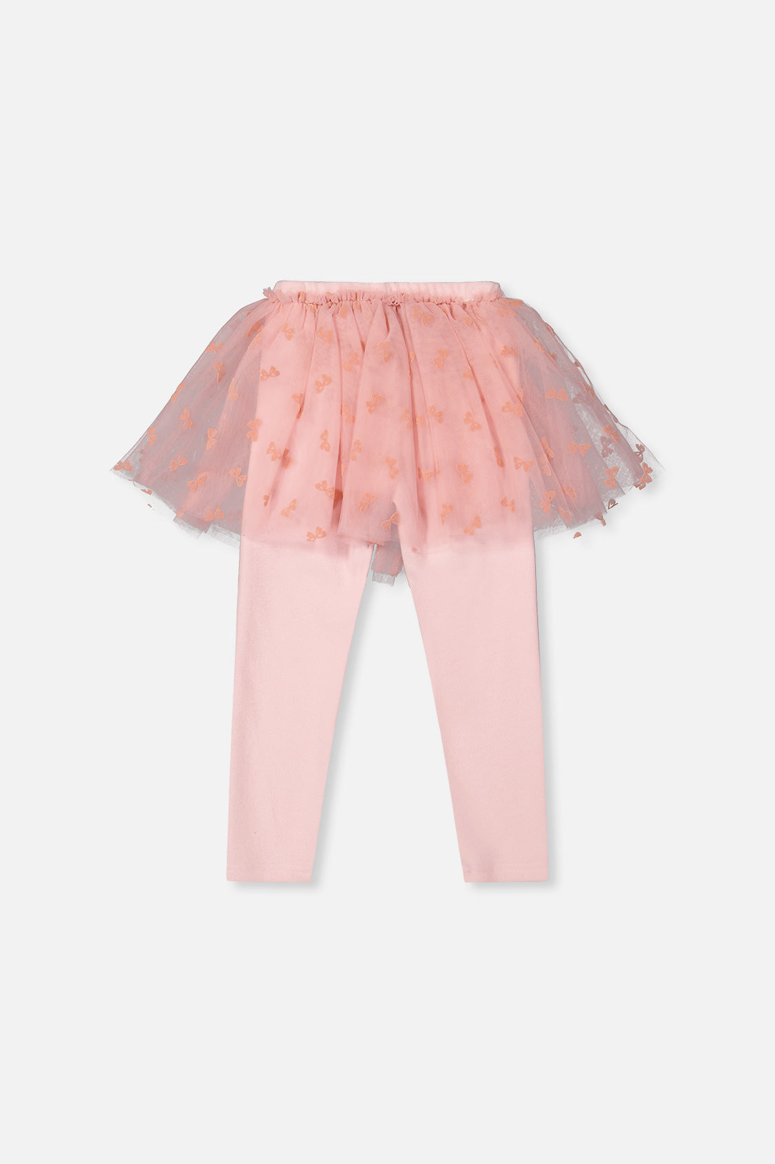 Deux par Deux girls dusty pink leggings with an attached tulle skirt, back view laid flat
