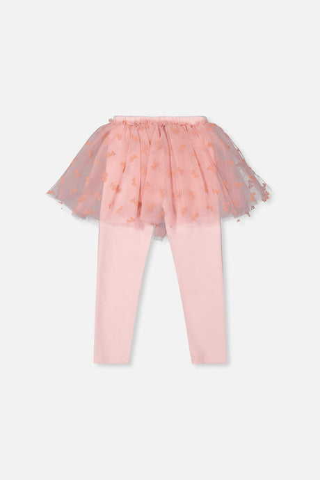 Deux par Deux girls dusty pink leggings with an attached tulle skirt, back view laid flat
