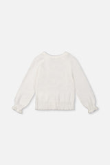 Deux par Deux off-white knit cardigan, flat lay back view with ruffled cuffs