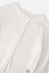 Close-up of the buttons and ribbed neckline on the off-white Deux par Deux cardigan