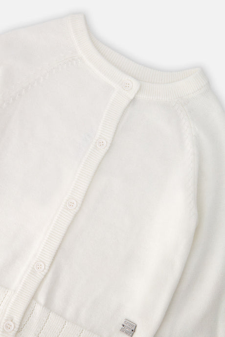 Close-up of the buttons and ribbed neckline on the off-white Deux par Deux cardigan