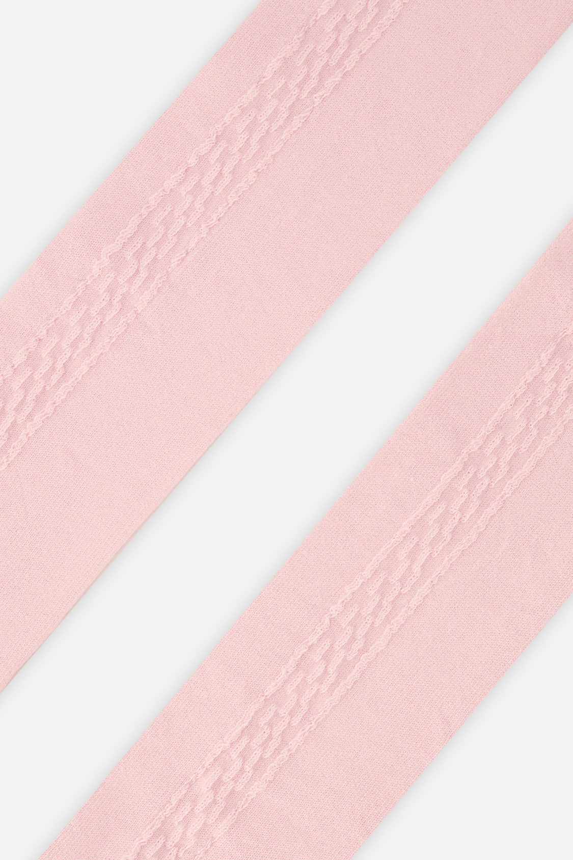 Close-up of the raised cable-style panel on the dusty pink Deux par Deux baby tights